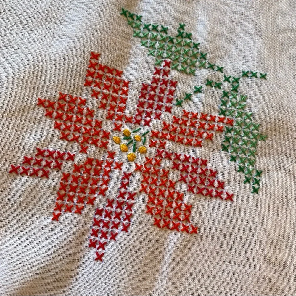 Vintage‎ Cross Stitched Christmas Poinsettia Linen Tablecloth 69x50